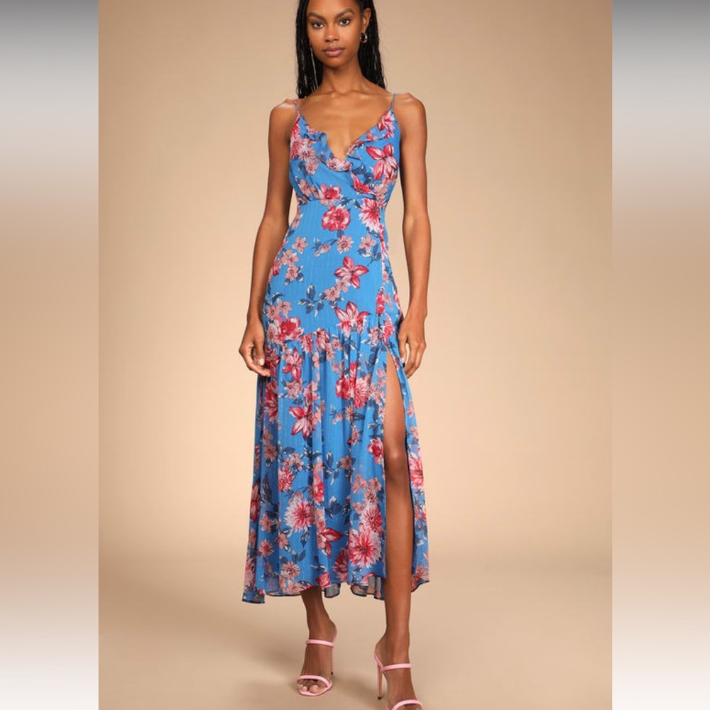 Lulus Blue Multi Floral Print Tropical Skies Sleeveless Chiffon MaxiDress NWT XS